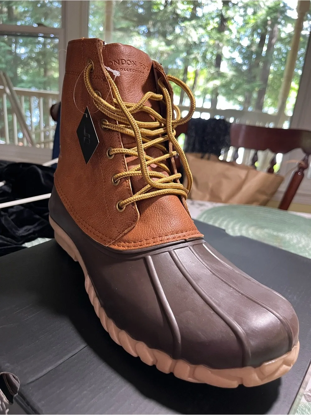 LONDON FOG Tan and Brown Leather Seth Memory Foam Waterproof Duck Boot 12 NIB